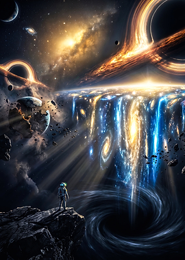 Astronaut Observing a Cosmic Waterfall