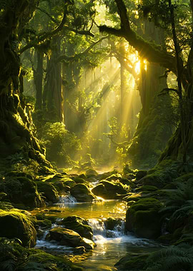 Sunlit Mossy Forest Stream