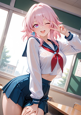 Cheerful Anime Schoolgirl Winking