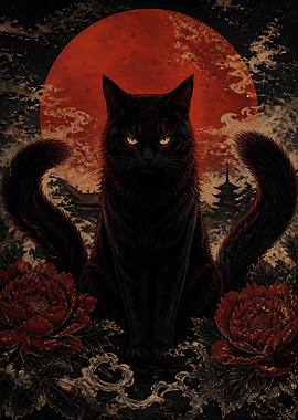 Mystical Black Cat with Red Moon