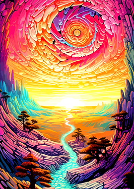 Vibrant Psychedelic Landscape with River