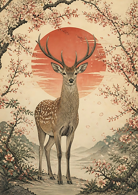 Majestic Deer in Cherry Blossom Forest
