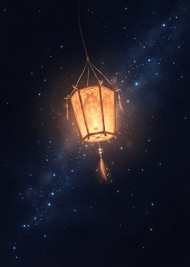 Glowing Lantern in Starry Night Sky