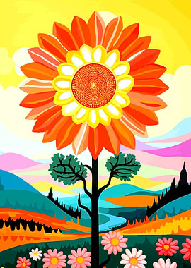 Vibrant Stylized Sunflower Landscape Illustration