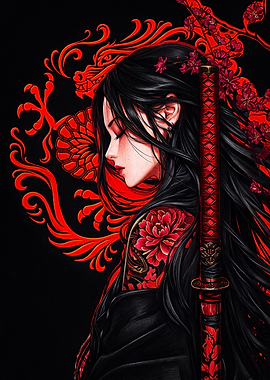 Woman with Katana and Dragon Art