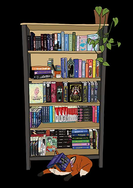 Cozy Bookshelf with Sleeping Fox