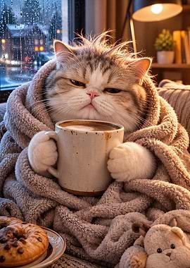 Cozy Cat Holding a Coffee Mug