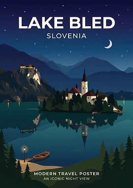 Lake Bled Slovenia Night Travel Poster