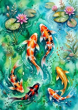 Watercolor Koi Fish Pond Scene
