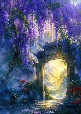 Enchanted Wisteria Gate to Mountains