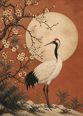 Red-Crowned Crane and Cherry Blossoms