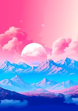 Vibrant Pink and Blue Mountain Landscape