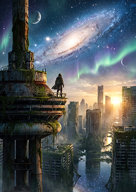 Post-Apocalyptic Cityscape with Aurora Sky
