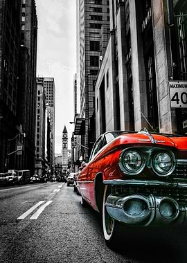 Vintage Red Cadillac in City Street