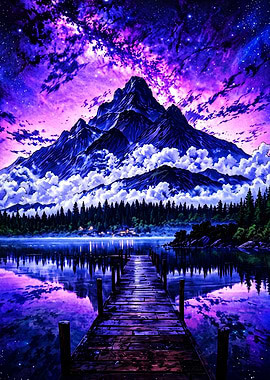 Purple Galaxy Mountain Lake Pier