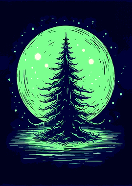 Glowing Pine Tree Under Full Moon
