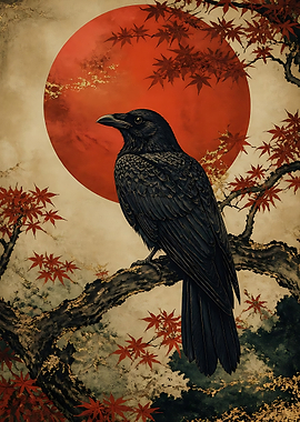 Raven Perched Before Red Sun