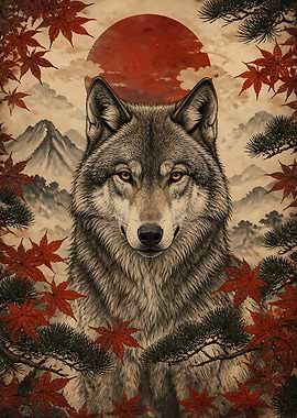 Wolf Portrait with Japanese Maple Leaves
