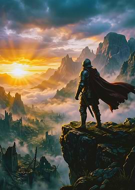 Knight overlooking ruined valley at sunset