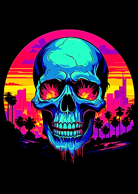 Synthwave Neon Skull Cityscape