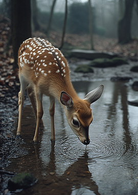 Fawn drinking from a forest stream
