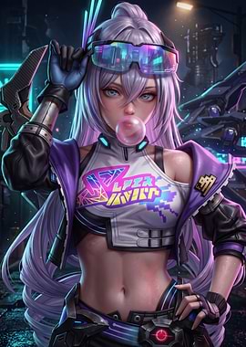 Cyberpunk Anime Girl with Bubblegum