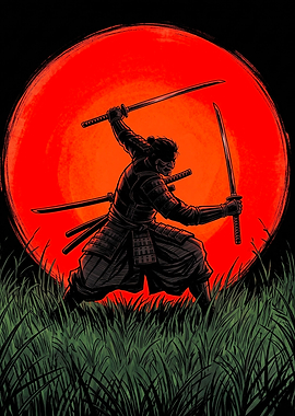 Samurai Warrior Against Red Moon