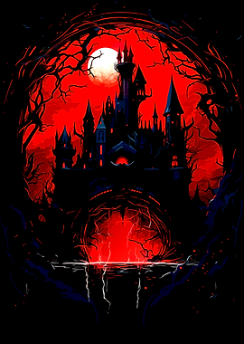 Gothic Castle Under Blood Red Moon