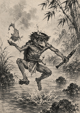 Kappa Creature Jumping in River