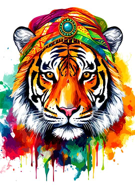 Colorful Watercolor Tiger with Turban
