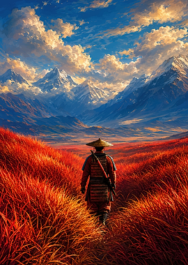 Samurai Walking Through Red Grass Fields