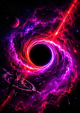 Space Station Near Glowing Black Hole