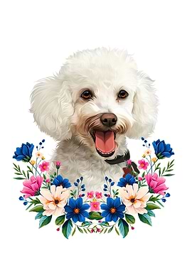 Happy White Poodle Floral Portrait