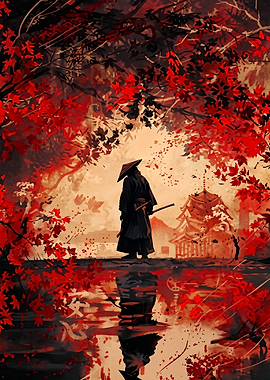 Samurai Standing Under Red Maple Trees