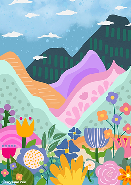 Whimsical Colorful Mountain Meadow Illustration