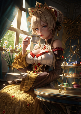 Elegant Noblewoman Enjoying Afternoon Tea