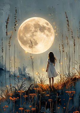 Girl Standing Under Giant Moon
