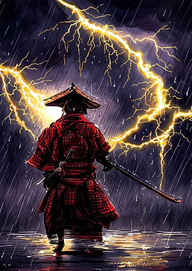 Samurai Standing Under Lightning Storm