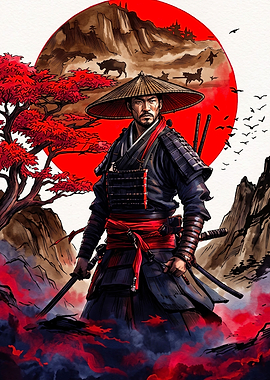 Samurai Warrior with Red Sun Background