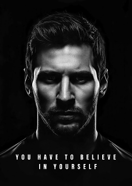 black and white Lionel Messi Motivational Portrait Poster