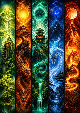 Five Elements Dragon Fantasy Art Panels