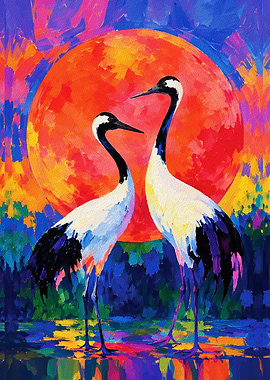 Vibrant Red Sun Crane Painting
