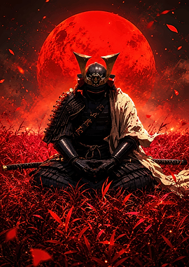Samurai Meditating Under Red Moon
