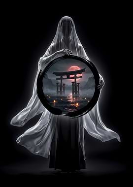 Mystical Figure Holding Torii Gate Portal