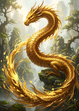 Majestic Golden Dragon in Misty Mountains