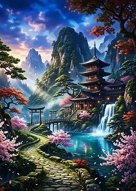 Serene Japanese Temple and Waterfall Landscape