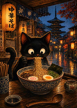 Black Cat Eating Ramen in Japan Fuji Mountain