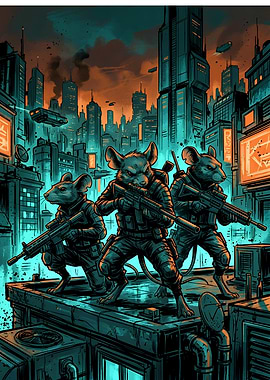 Cyberpunk Rat Soldiers on Rooftop