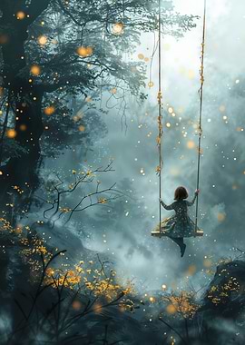 Girl on a Magical Forest Swing