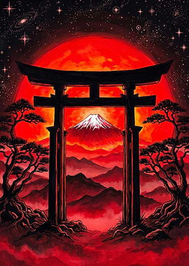Mount Fuji Torii Gate Red Sunset